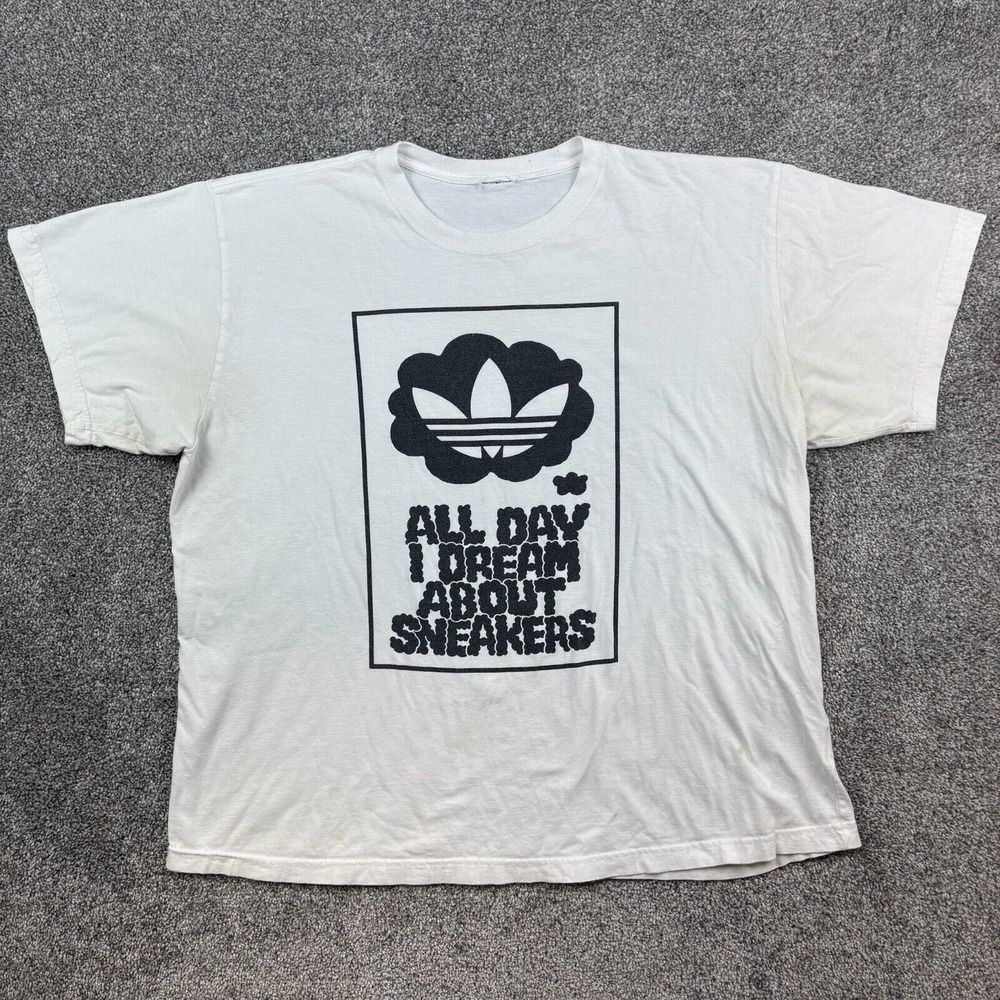 Vintage Y2K Adidas Shirt Men Large White All Day I Dream About Sneakers Trefoil‎